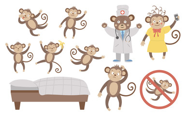 Poster - Vector set with cute five little monkeys, mommy, doctor, bed isolated on white background. Funny nursery rhyme and song illustration. Bright flat picture for children. Jungle summer clip art.