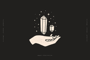 Poster - Magic crystals sparkle and soar above the hand. Mystical symbols in a trendy minimalist style on a black background. Magic stone quartz for spiritual practices of ethnic magic and astrological rites.
