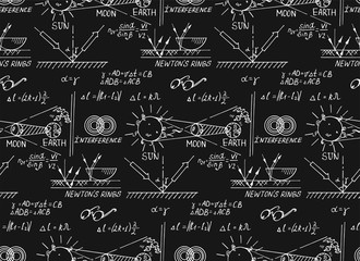 Law of optics. Retro education and scientific background. Math and physic formula, equation and outlines on chalkboard. Vector hand-drawn seamless pattern.