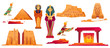 Ancient Egypt landmarks. Vector icons set of sculptures of egyptian gods, sphinx, pyramid and golden sarcophagus of pharaoh and queen. Historical temples and obelisk isolated on white background