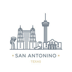 Wall Mural - City San Antonino, state of Texas. Line icon of famous and largest city of USA. Outline icon for web, mobile and infographics. Landmarks and famous building. Vector illustration, white isolated. 