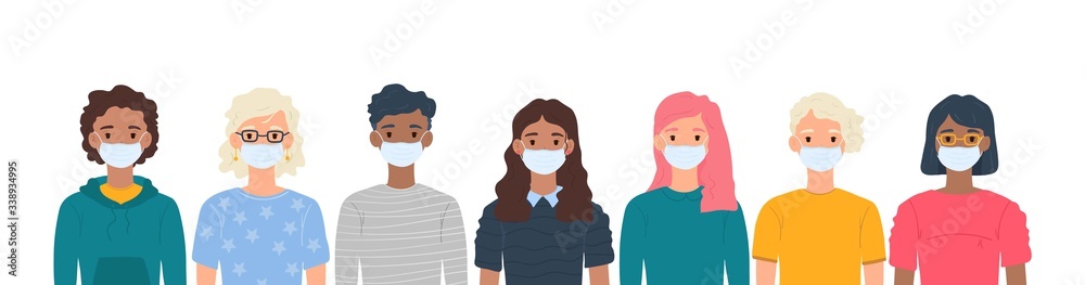 Children with medical masks on faces to protect their against coronavirus covid-19, 2019-nCov isolated on white background. Kids virus protection concept. Stay safe. Vector illustration - obrazy, fototapety, plakaty 