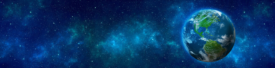 Wall Mural - planet earth, nebula and stars in night sky web banner. space background. elements of this image fur