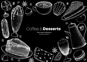 Wall Mural - Coffee shop menu design. Hand drawn sketch illustration. Coffee, tea and desserts. Cafe menu elements. Desserts for breakfast.