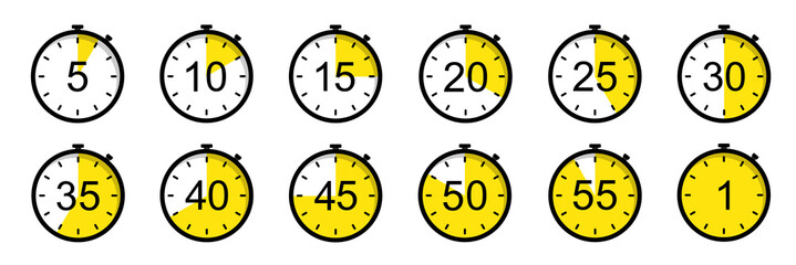 Poster - timer icons on a white background. countdown in the form of a timer on a white background in a flat 