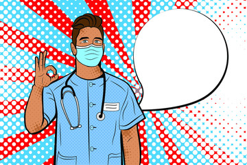 Doctor in pop art style. Vector background in comic style retro pop art. Illustration for print advertising and web.