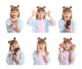 Wall Mural - Set of cute little girl with chocolate on white background