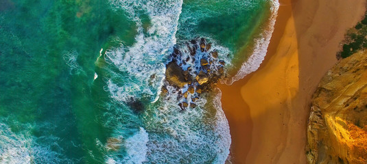 Panoramic overhead aerial view of Twelve Apostles at sunset, Port Campbell National Park, Victoria, Australia