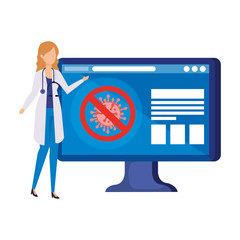 Wall Mural - medicine online with doctor female and computer vector illustration design