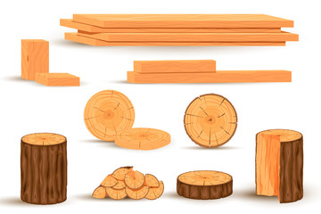 Timber set. Stacked timbers and firewood logs, forest trees objects and wood lumber production cartoon vector illustration