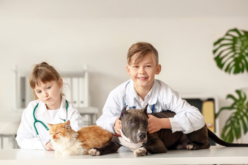 Poster - Little veterinarians examining animals in clinic