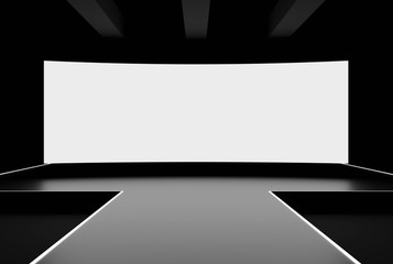 Modern stage with blank white wide screen display 3D render mockup