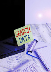 Fototapete - Writing note showing Search Data. Business concept for efficient retrieval of specific items from a set of items Note paper taped to black computer screen near keyboard and stationary
