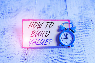 Poster - Writing note showing How To Build Value question. Business concept for Ways for developing growing building a business Alarm clock tilted above buffer wire in front of notepaper
