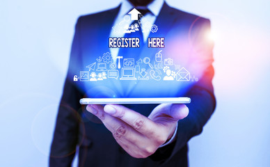 Poster - Text sign showing Register Here. Business photo text put your name on an official list in order to receive service
