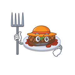 Canvas Print - Cartoon character design of grilled steak as a Farmer with hat and pitchfork