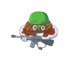 Sticker - A cartoon picture of grilled steak in Army style with machine gun