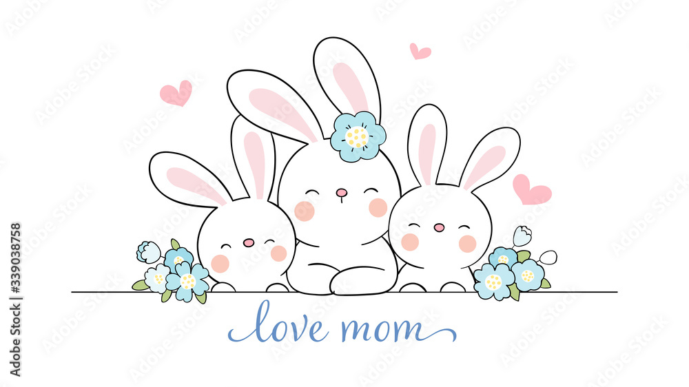 Draw banner mom rabbit and cute baby with beauty flower.For mother'day ...