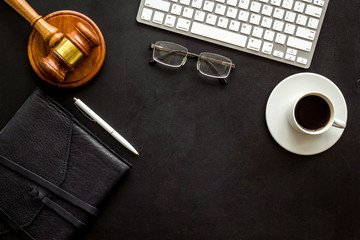 Wall Mural - Law student office desk - gavel, computer, notebook - black, top view copy space