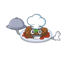 Poster - grilled steak chef cartoon character serving food on tray