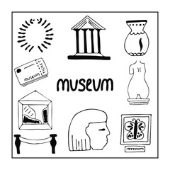 Hand drawn black elements of museum. Vector illustration.