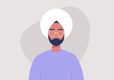 Fototapeta  - Young indian male character portrait, front view, millennial lifestyle, flat vector graphics