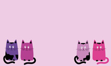 Pink Four Cats. Children's Background With Animals. 
