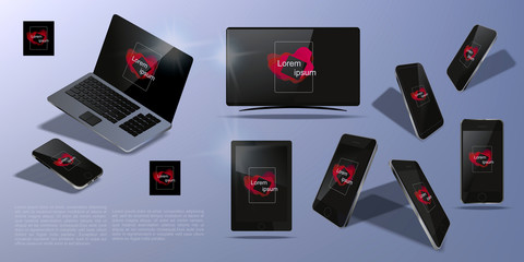 Poster - a large set of electronic 3d isometric devices. smartphone, laptop, tv, tablet in perspective. prese