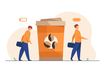 Man Getting Energy From Cup Of Coffee. Caffeine Addicted Guy With Disposal Cup. Vector Illustration For Morning, Coffee Break, Addiction, Energetic Drink Concept