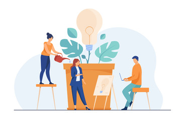 Canvas Print - Business team discussing new ideas and innovations. Group of people growing lightbulb plant. Vector illustration for teamwork, ecology, innovation, growth, eco energy concept