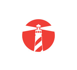 lighthouse in front of the sun, shining its light in two direction vector logo design