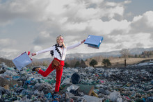 Modern Woman On Landfill, Consumerism Versus Pollution Concept.