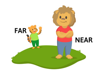 Wall Mural - Words far and near textcard with cartoon lion and tiger characters. Opposite adverb explanation card. Flat vector illustration, isolated on white background.