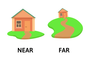 words far and near opposites flashcard with cartoon house. opposite adverbs explanation card. flat v