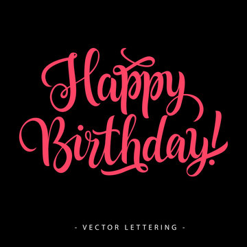 Red happy birthday inscription with exclamation mark isolated on black background