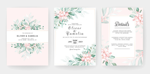 Wall Mural - Wedding invitation card template set with soft peach watercolor floral decorations. Flowers arrangements for save the date, greeting, details, cover. Botanic illustration vector