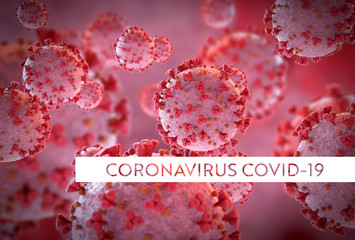Poster - 3D rendering of the coronavirus on a microscopic level. Microscope close-up of the covid-19 disease. 2019-nCoV spreading in body cell