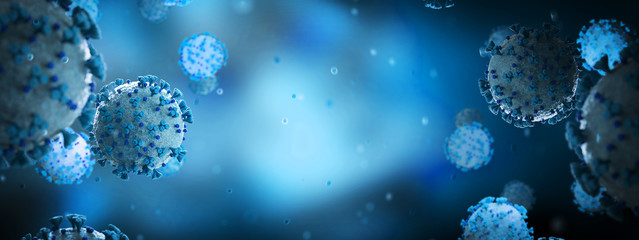Poster - Microscopic close-up of the covid-19 disease. Coronavirus illness spreading in body cell. 2019-nCoV analysis on microscope level 3D rendering