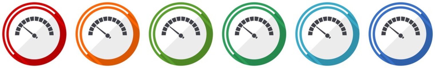 Poster - Speed meter icon set, fast indicator flat design vector illustration in 6 colors options for webdesign and mobile applications