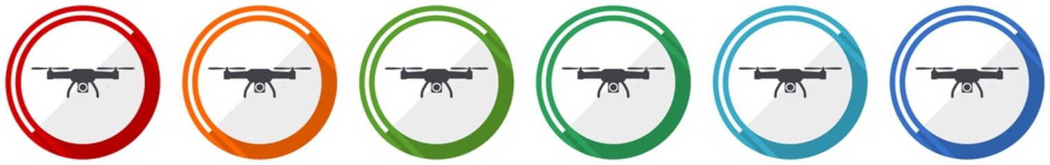 Poster - Drone icon set, copter, aerial camera flat design vector illustration in 6 colors options for webdesign and mobile applications