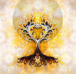 Poster - tree of life symbol on structured ornamental background with heart shape, flower of life pattern, yggdrasil.