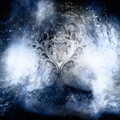 Poster - tree of life symbol on structured and space background, flower of life pattern, yggdrasil.