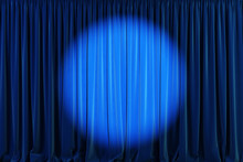 Blue Curtains Stage, Theater Background With Spotlights. 
