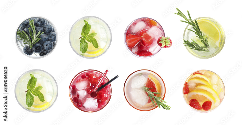 Set with different refreshing cocktails on white background, top view. Banner design - obrazy, fototapety, plakaty 