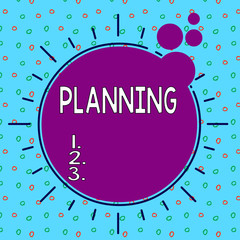 Poster - Text sign showing Planning. Business photo showcasing process of thinking about the activities required to achieve a goal Asymmetrical uneven shaped format pattern object outline multicolour design
