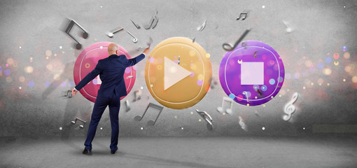 Aufkleber - Man holding a Music button and notes playing  3d rendering