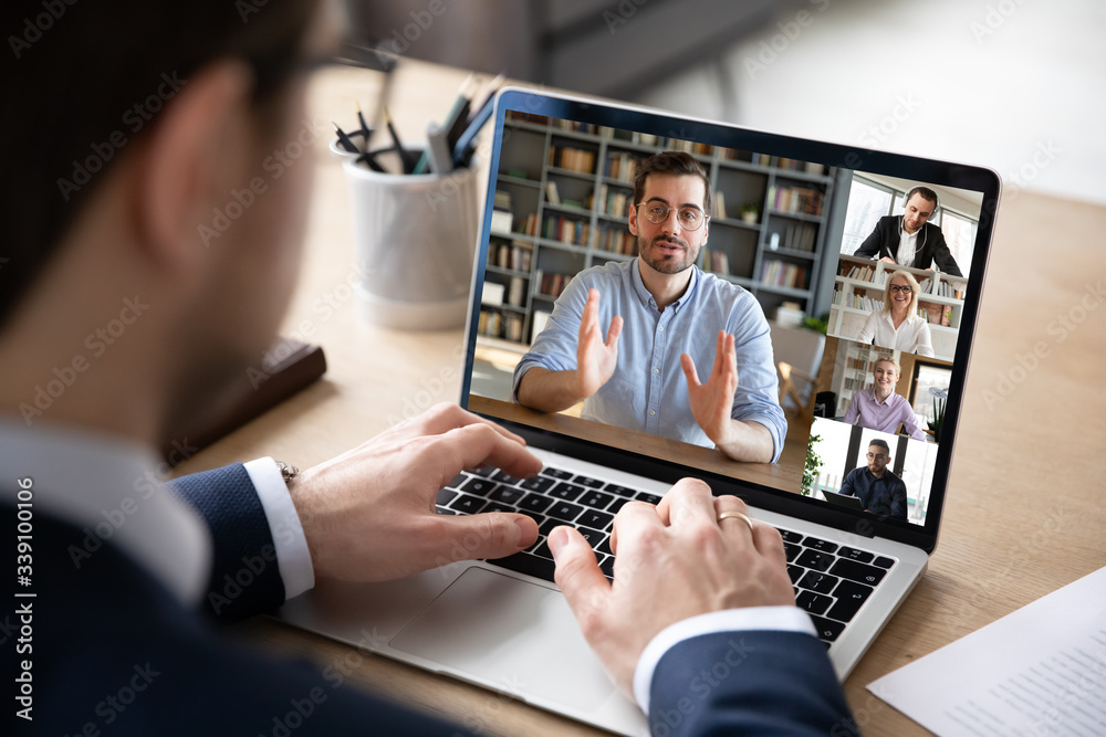 Businessman boss leader leads distant communication diverse businesspeople involved in group videocall conversation discuss common project, partners negotiating. Modern technology and business concept - obrazy, fototapety, plakaty 
