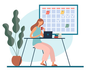 Poster - Cartoon female working with laptop at home having hot drink