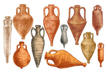 .Collection Of Images Of Diverse Ancient Greek Amphorae..Vector  Hand Drawn Illustration Of Various Amphorae For Storing Olive Oil. Clipart.