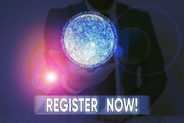 Poster - writing note showing register now. business concept for official list or record showing or things in